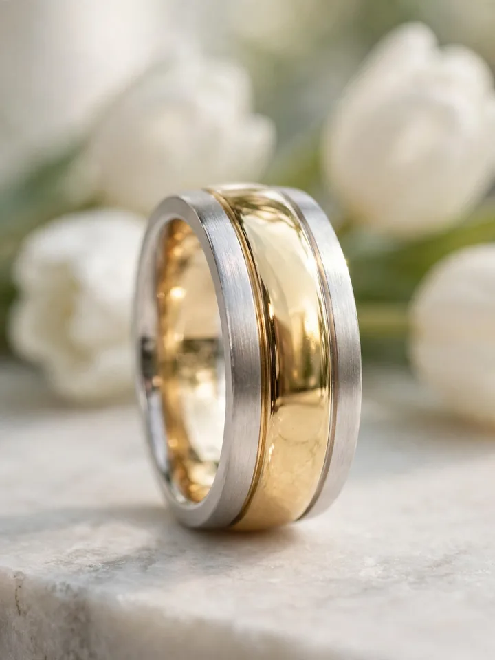 Chunky wedding rings: two-tone yellow and white gold wide wedding band