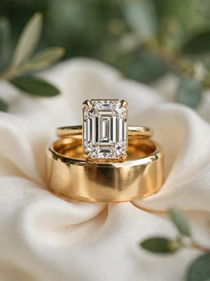 Chunky wedding rings: thick gold band stacked with an emerald-cut diamond engagement ring