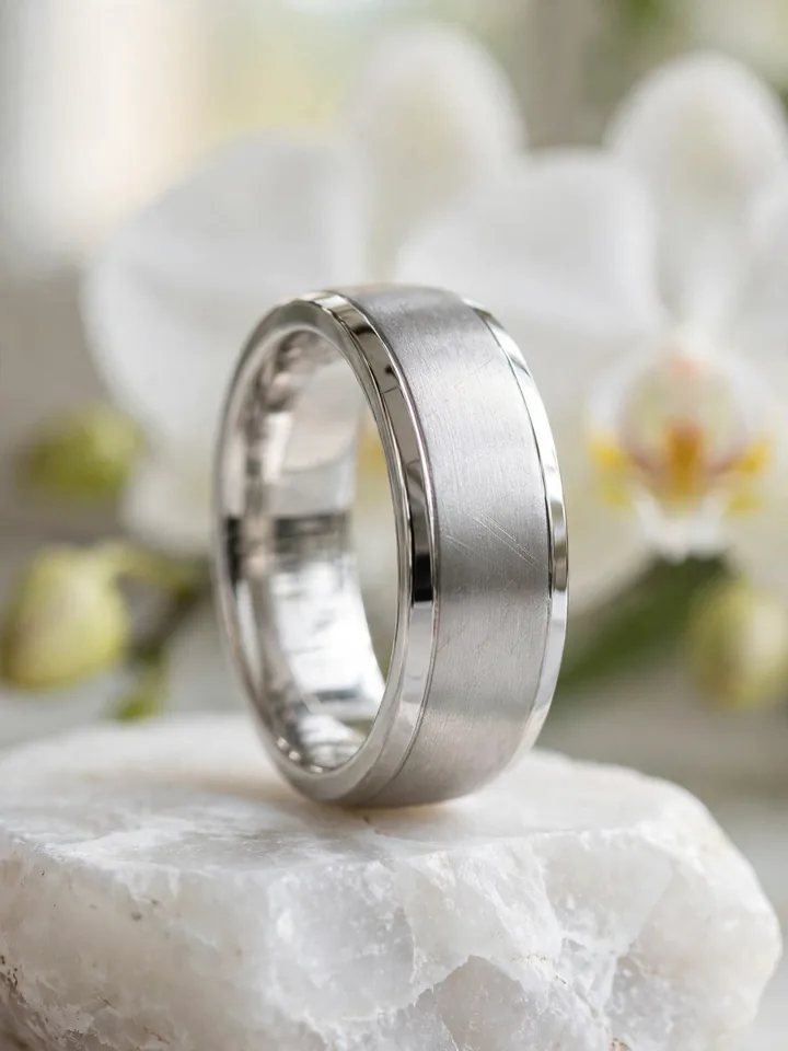 Chunky wedding rings: wide platinum satin wedding band with polished edges