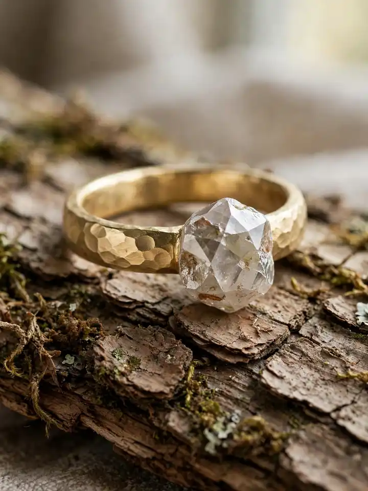 Earthy wedding ring with raw uncut diamond solitaire on hammered gold band
