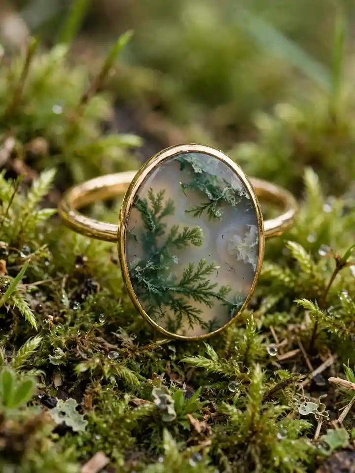Earthy wedding ring with moss agate stone in gold bezel setting