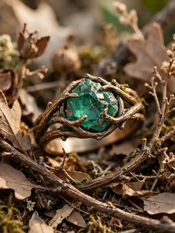 Earthy wedding ring with rough raw emerald in twig-inspired bronze band