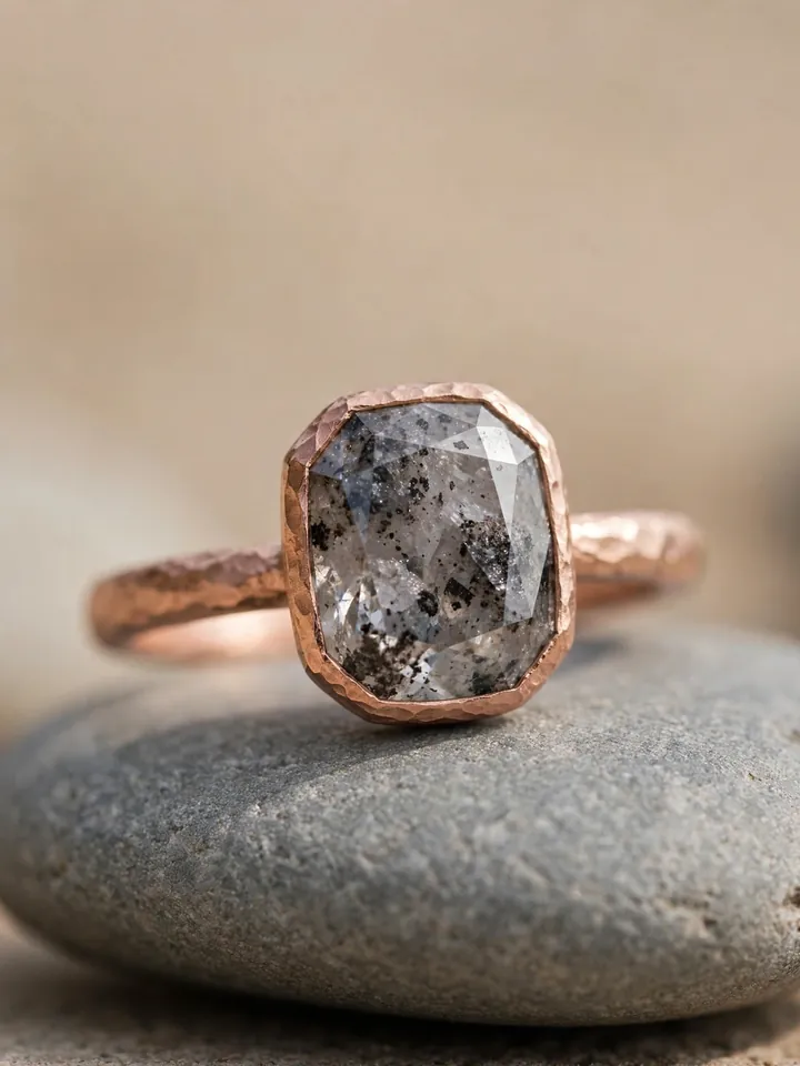 Earthy wedding ring with salt and pepper diamond on rustic rose gold band