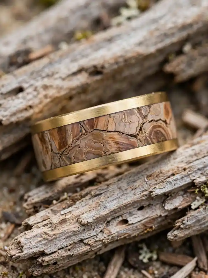 Earthy wedding ring with petrified wood inlay band in brushed gold