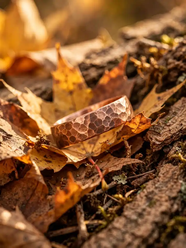 Earthy wedding ring with hammered copper band on autumn leaves