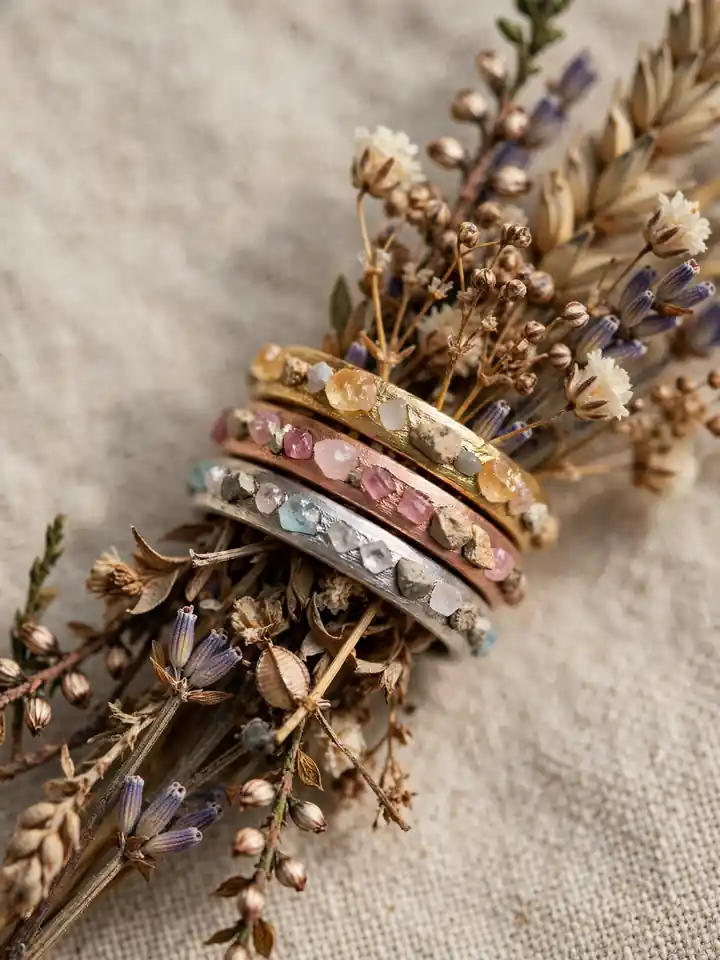Boho stacking set of mixed metal earthy wedding rings with raw stones