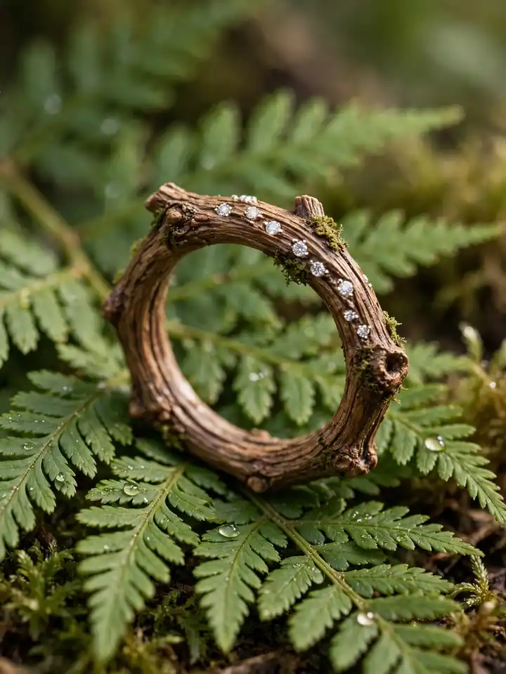 Earthy wedding ring with twig textured band and diamond accents