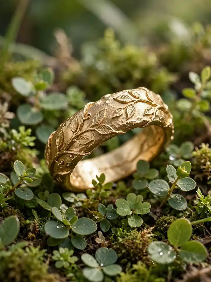 Earthy wedding ring with leaf carved gold band