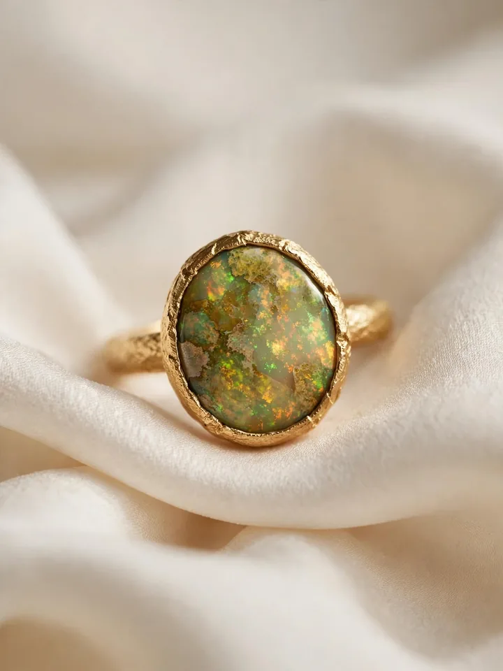 Earthy wedding ring with opal and fire flash in rustic gold bezel