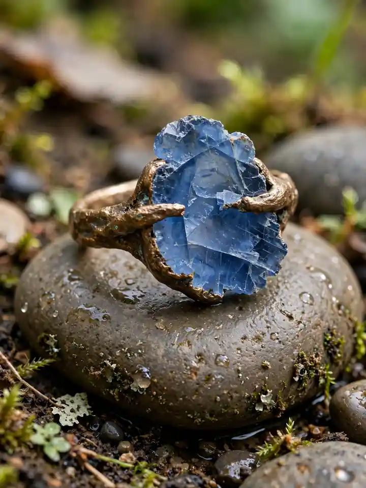 Earthy wedding ring with raw sapphire slice in organic bronze setting