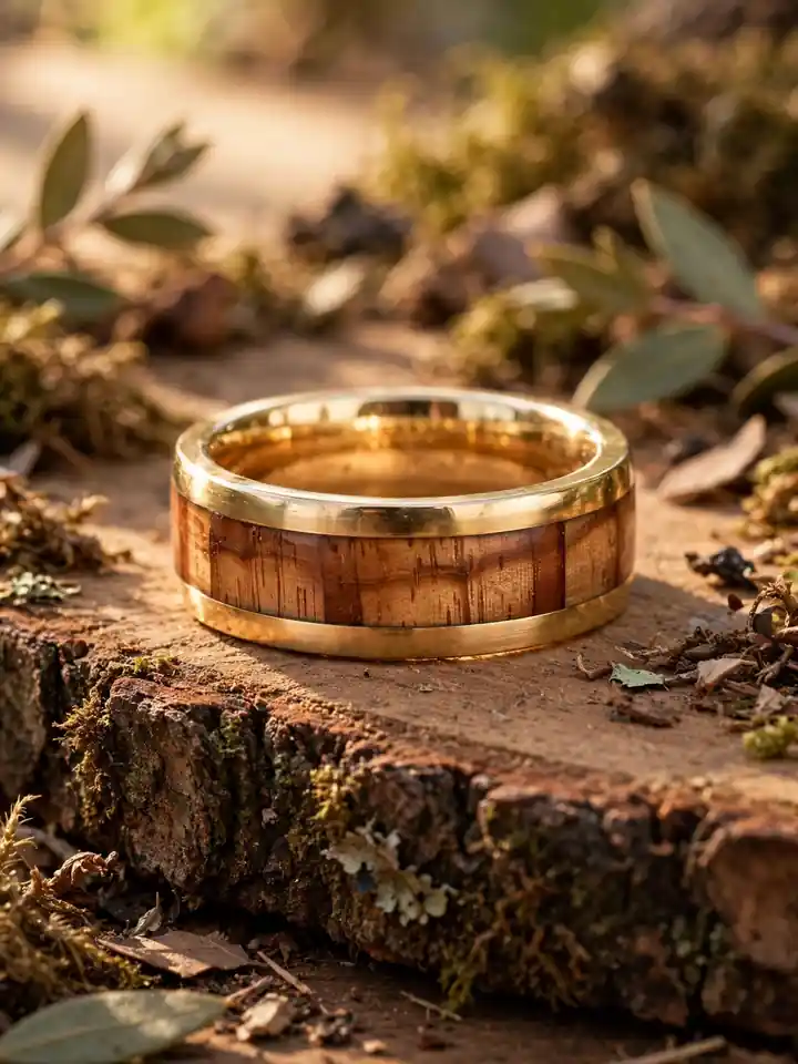Earthy wedding ring with koa wood inlay gold band