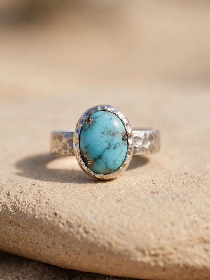 Earthy wedding ring with turquoise stone in hammered silver bezel