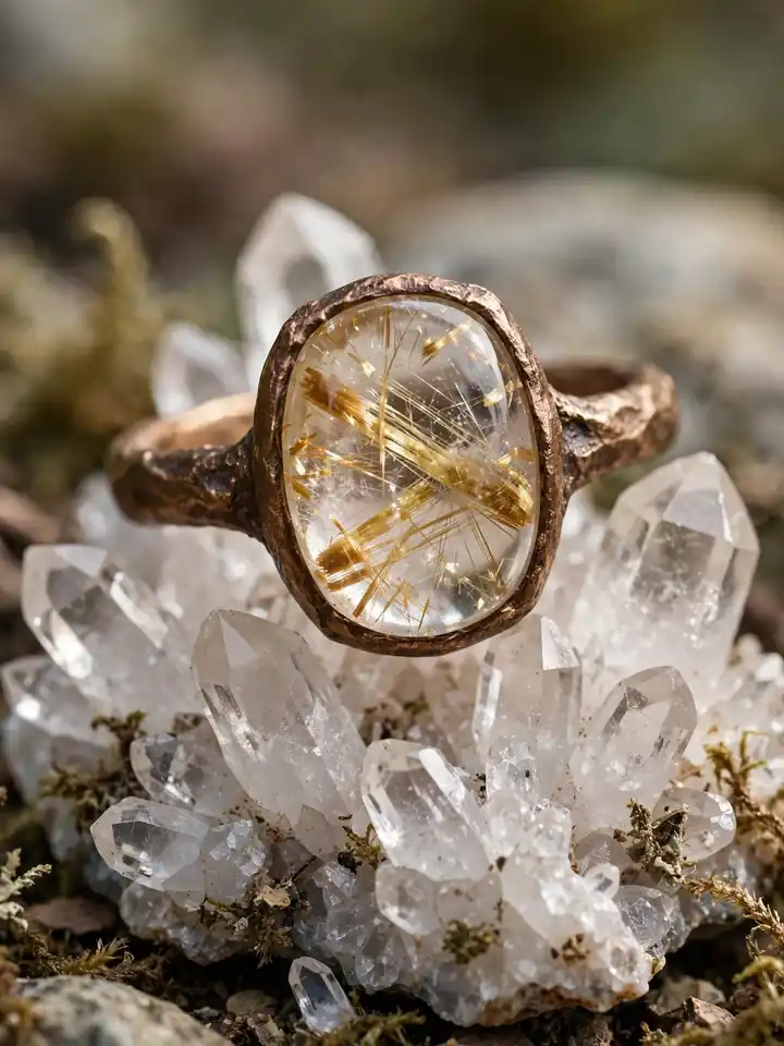 Earthy wedding ring with rutilated quartz on organic bronze band