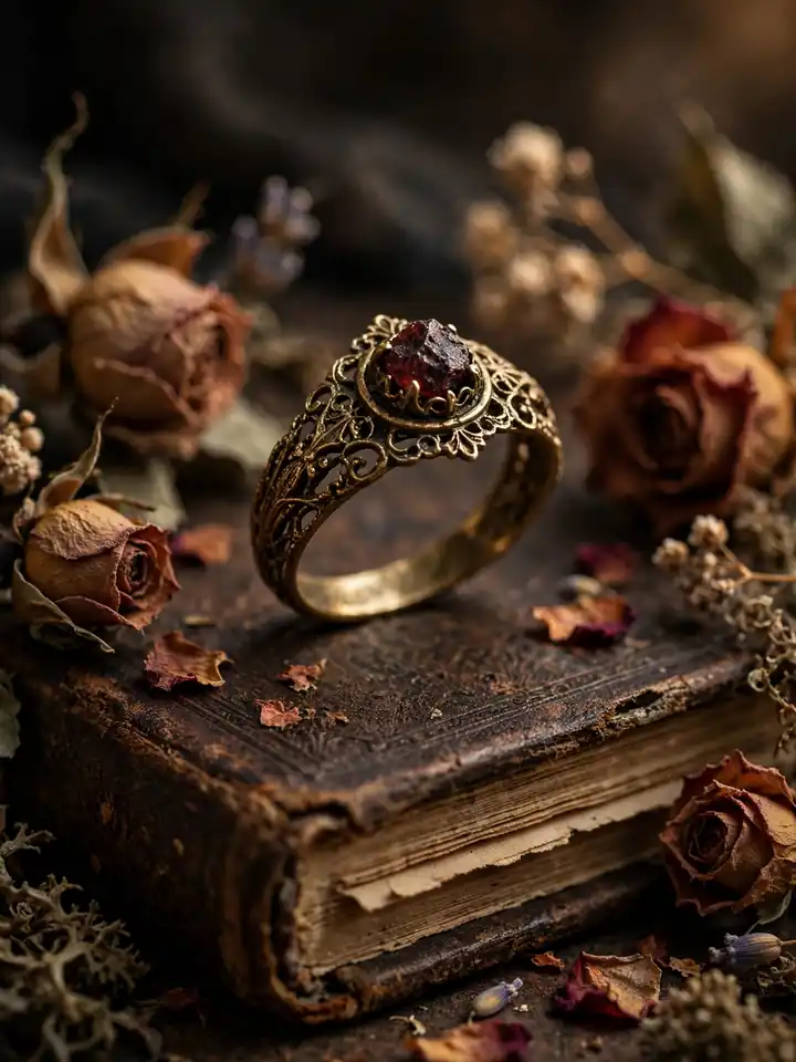Vintage inspired Victorian brass earthy wedding ring with raw garnet