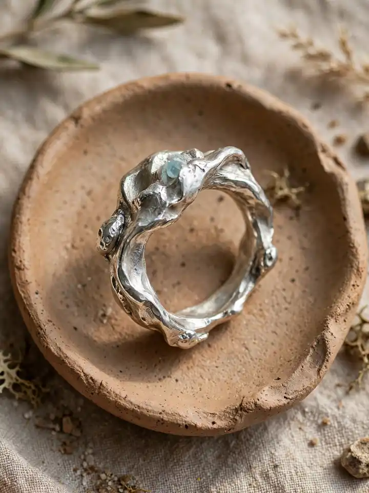 Artsy asymmetrical freeform earthy wedding ring with raw aquamarine