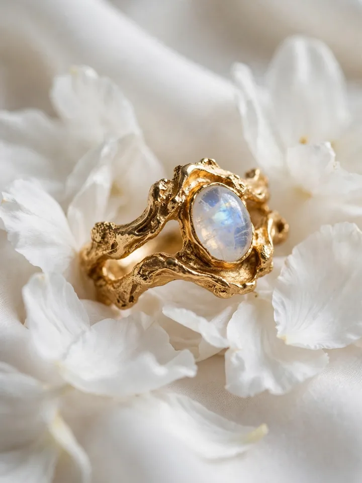 Ethereal earthy wedding ring with molten gold band and moonstone
