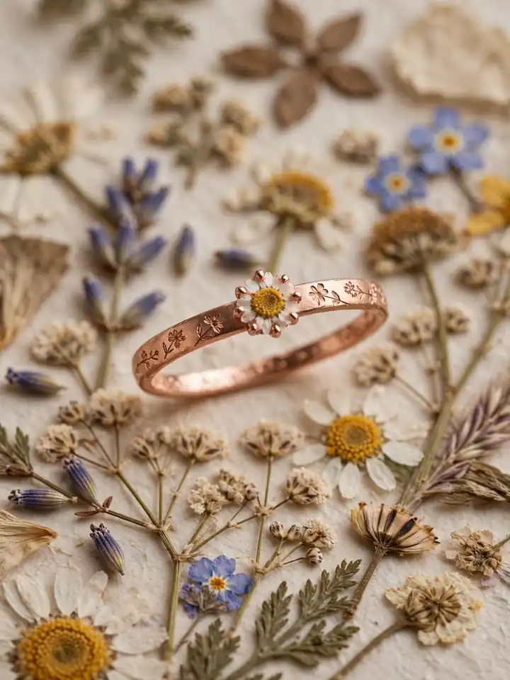 Cottagecore earthy wedding ring with wildflower engraving on rose gold