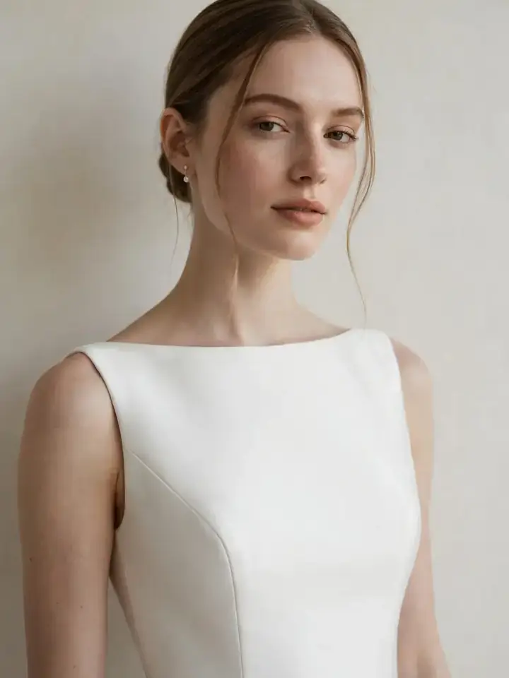 Clean simple wedding dress — minimalist bridal gown with sleek lines