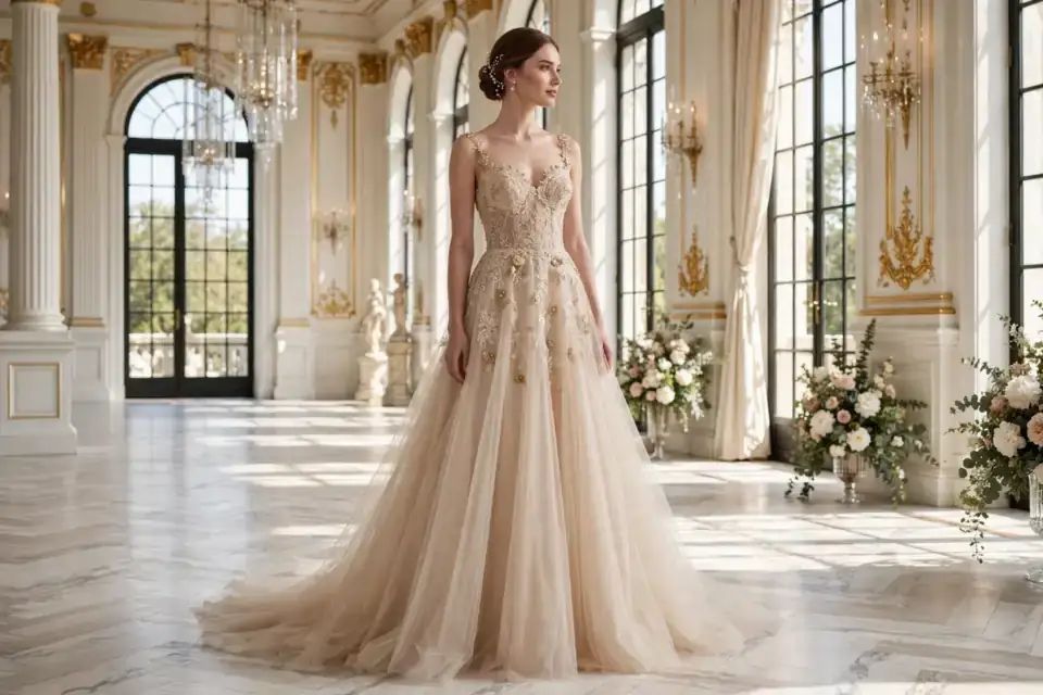 Elie Saab wedding dress champagne embroidered ballgown in a sunlit ballroom