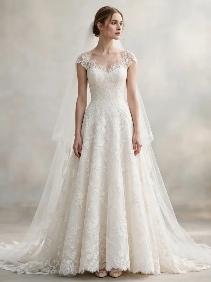Classic A-line Elie Saab wedding dress in ivory Chantilly lace with cathedral veil