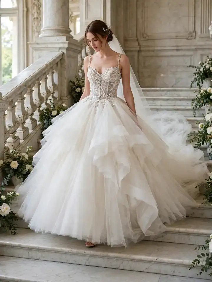 Haute couture Elie Saab wedding dress with hand-embroidered bodice on a marble staircase