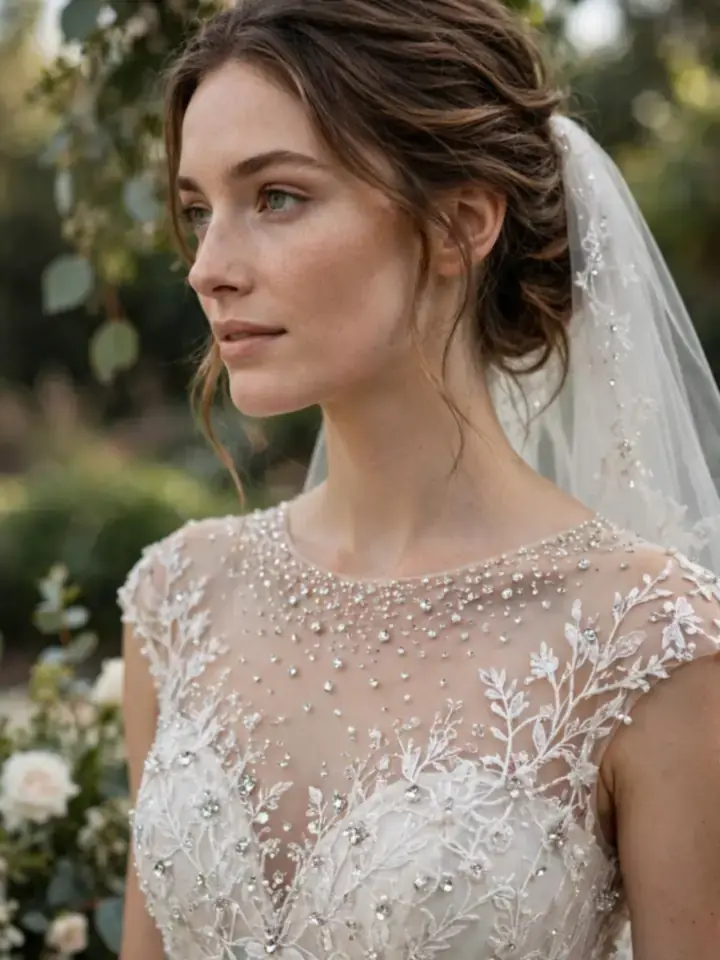 Elie Saab wedding dress with sheer illusion neckline and crystal embellishments
