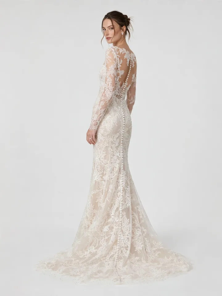 Long-sleeve lace Elie Saab wedding dress with illusion button back in a conservatory