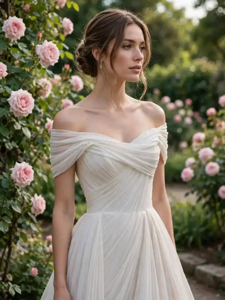Off-the-shoulder Elie Saab wedding dress with draped chiffon neckline in a rose garden