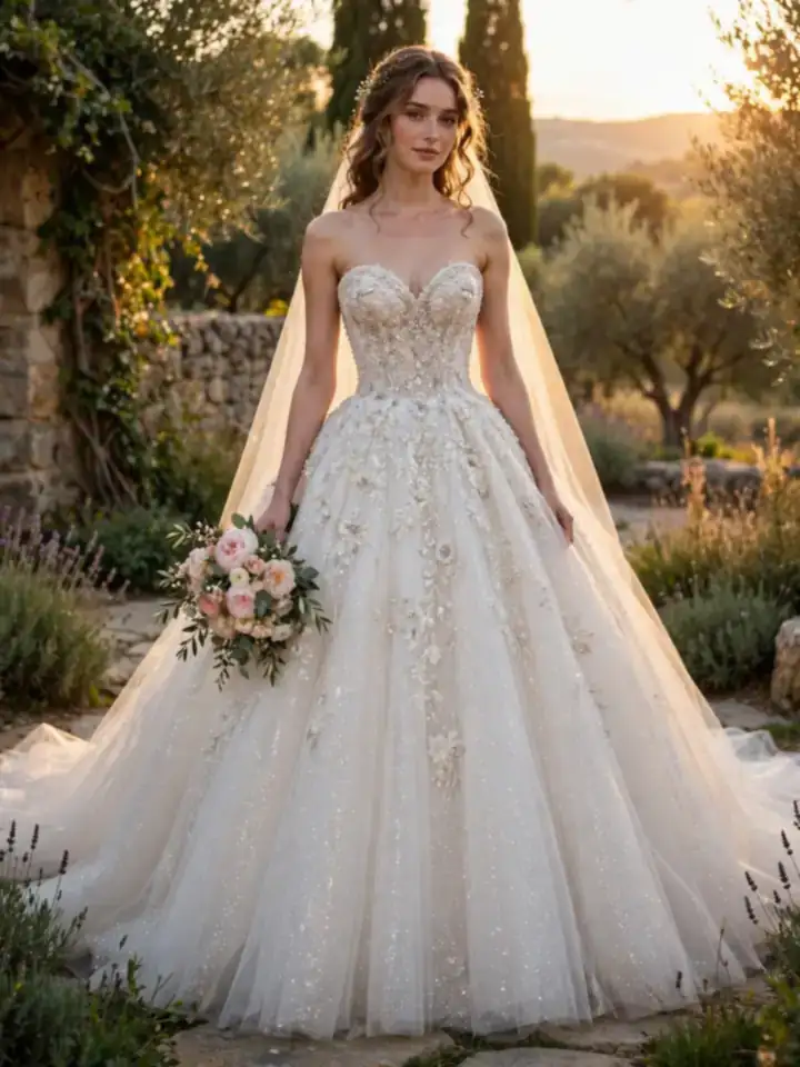 Fairytale tulle Elie Saab wedding dress with glittering ballgown skirt at golden hour