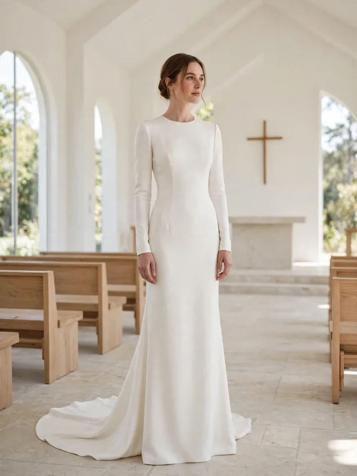 Minimalist silk crepe Elie Saab wedding dress with couture tailoring in a chapel