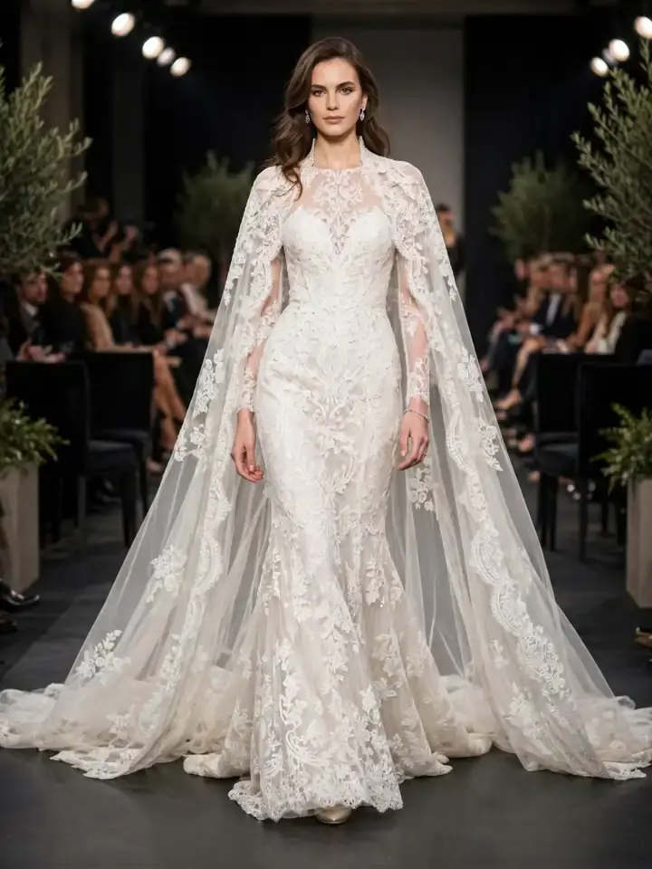 Runway-inspired Elie Saab wedding dress with dramatic lace cape