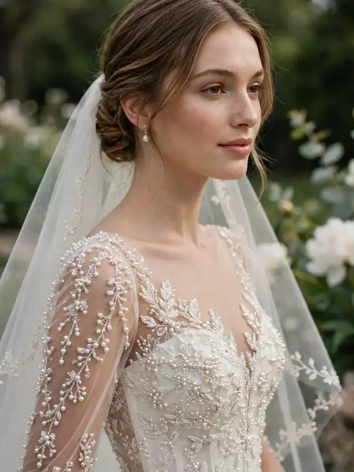 Pearl-embellished Elie Saab bridal gown with sheer sleeves