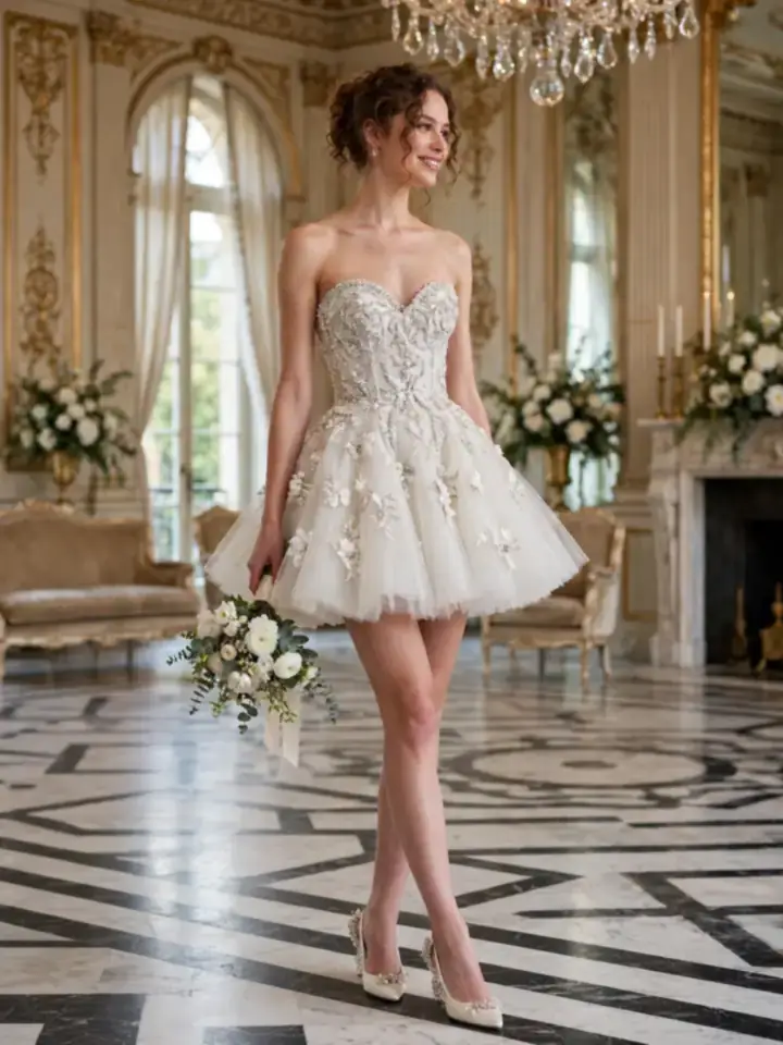 Short Elie Saab-style wedding reception dress with beaded bodice