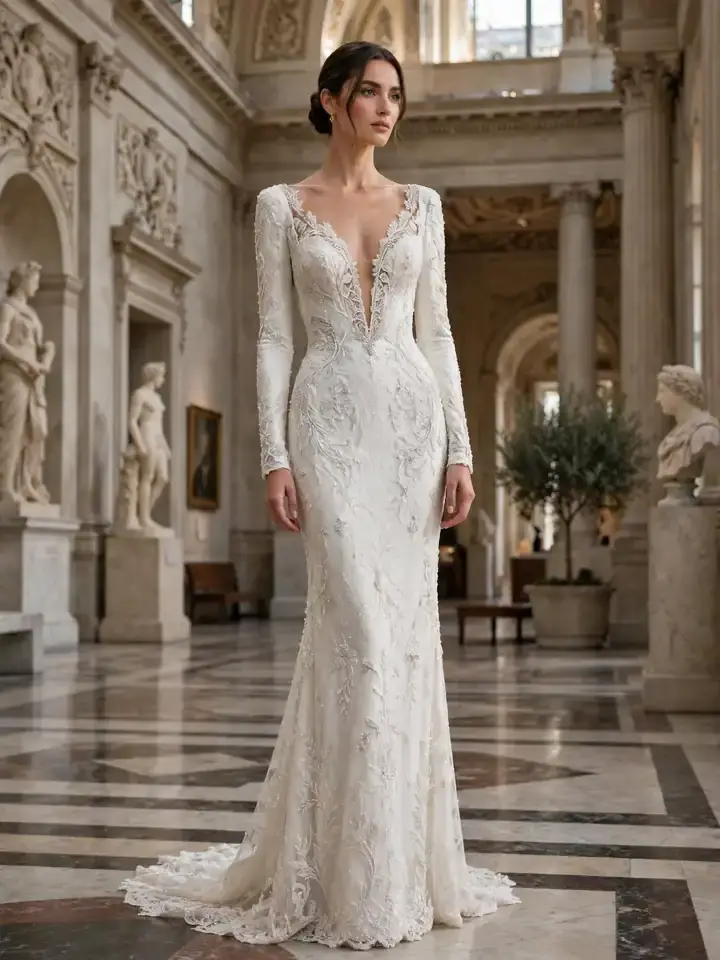 Vogue-editorial Elie Saab wedding dress plunging column gown with long sleeves