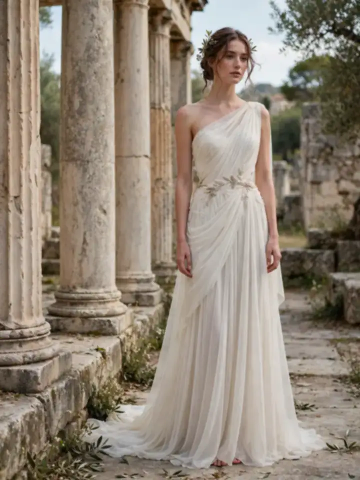 Ethereal Grecian draped Elie Saab wedding dress with one-shoulder neckline