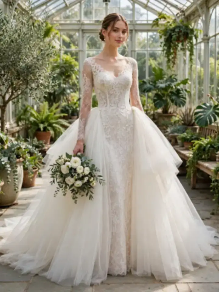 Elie Saab wedding dress with detachable tulle overskirt for two bridal looks