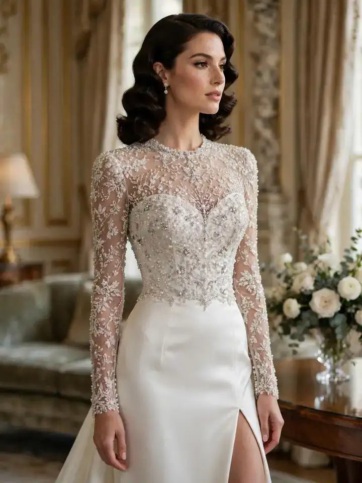 Old Hollywood Elie Saab couture wedding dress beaded column gown with high slit