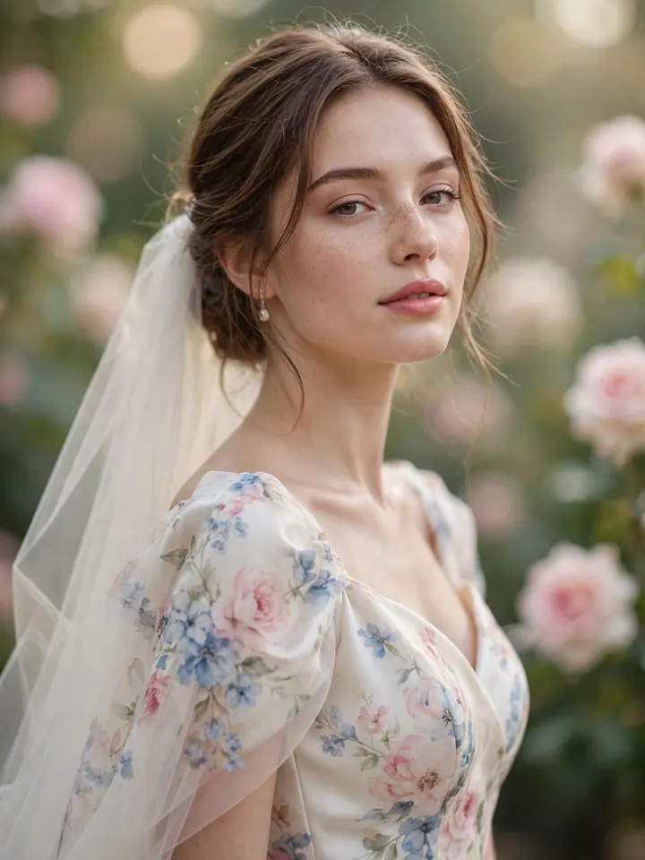 Floral wedding dress colored with soft watercolor blossoms in pink and blue on ivory silk