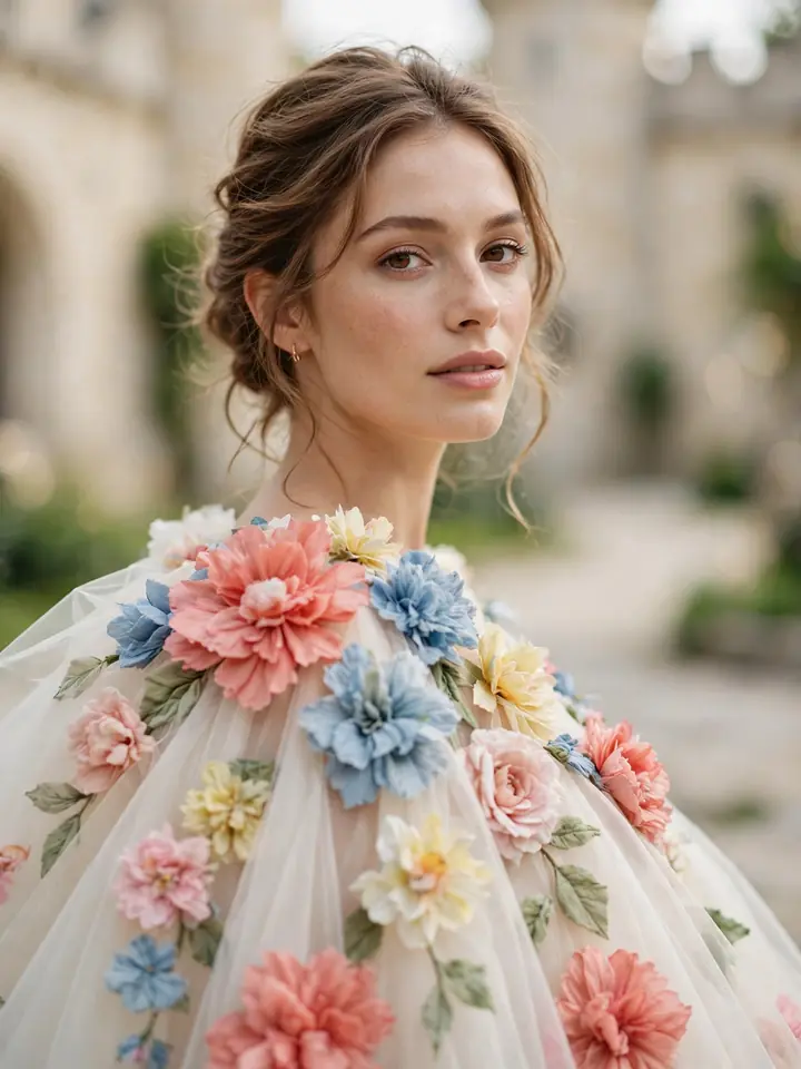 Colored floral wedding dress with 3D appliqué flowers on an ivory ballgown