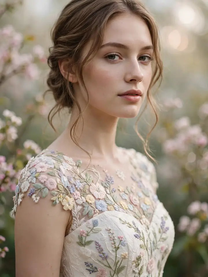 Floral wedding dress colored with hand-embroidered pastel flowers on the bodice