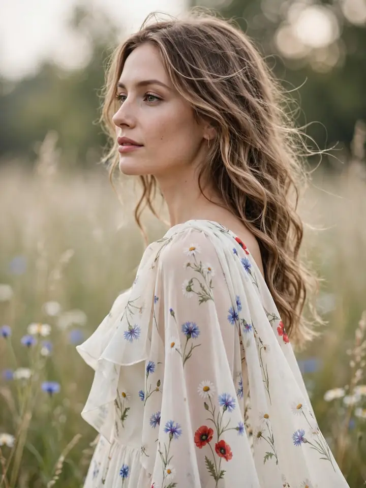 Wildflower floral wedding dress colored with daisies and poppies on ivory chiffon
