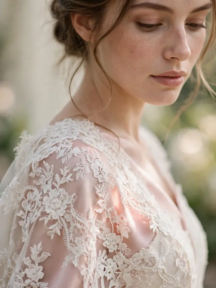 Floral wedding dress colored with blush underlay glowing through ivory floral lace