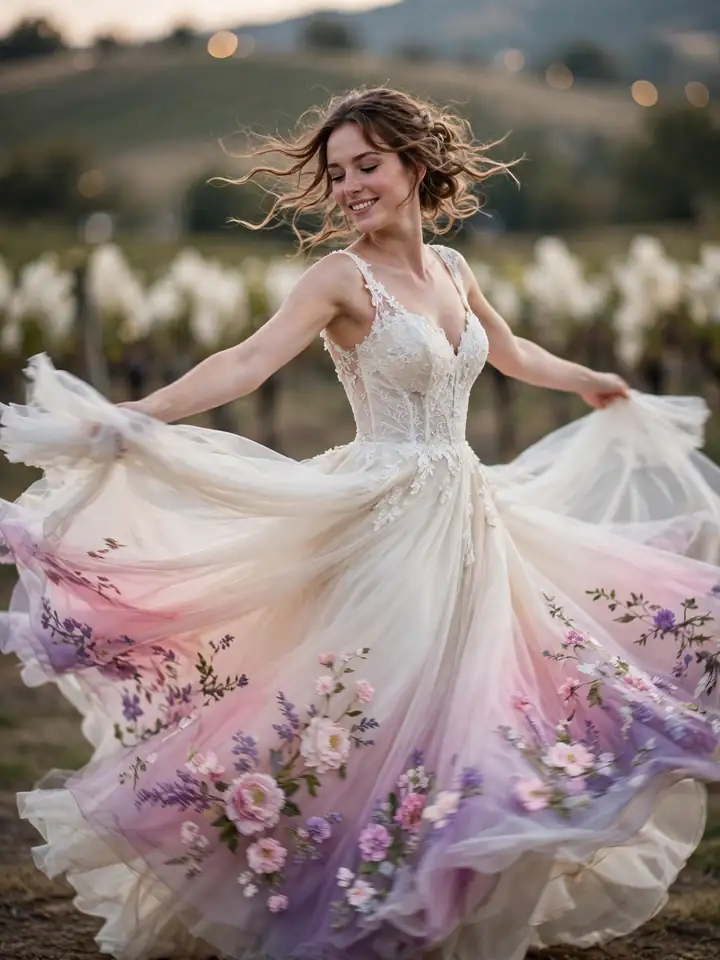 Ombré floral wedding dress colored with pink and lavender gradient blooms