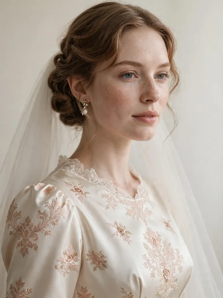 Vintage floral wedding dress colored with champagne damask brocade pattern