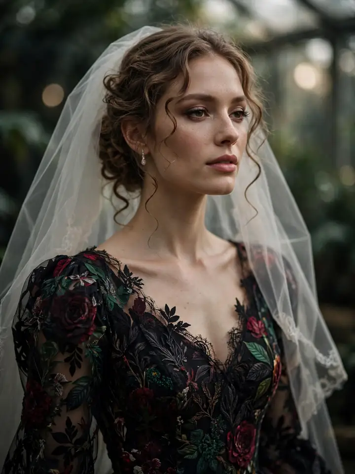 Dark floral wedding dress colored with burgundy and emerald botanical print