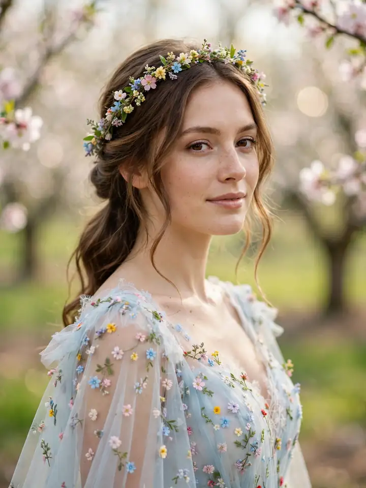 Pastel floral wedding dress colored with tiny garden flowers on pale blue tulle