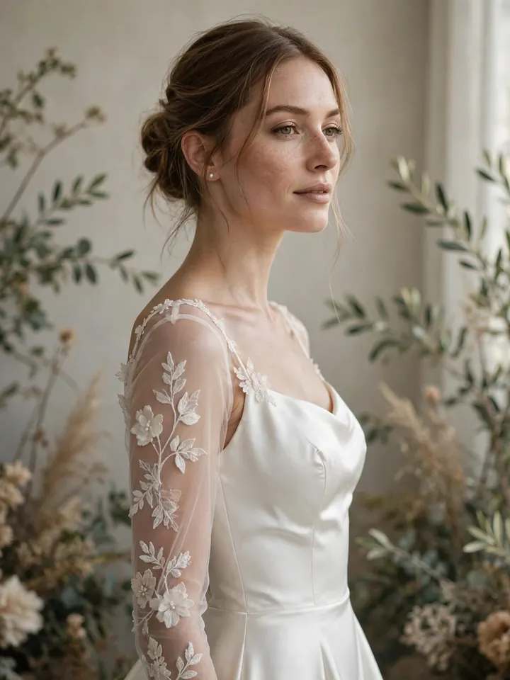 Floral wedding dress colored with floral appliqué details on sheer sleeves