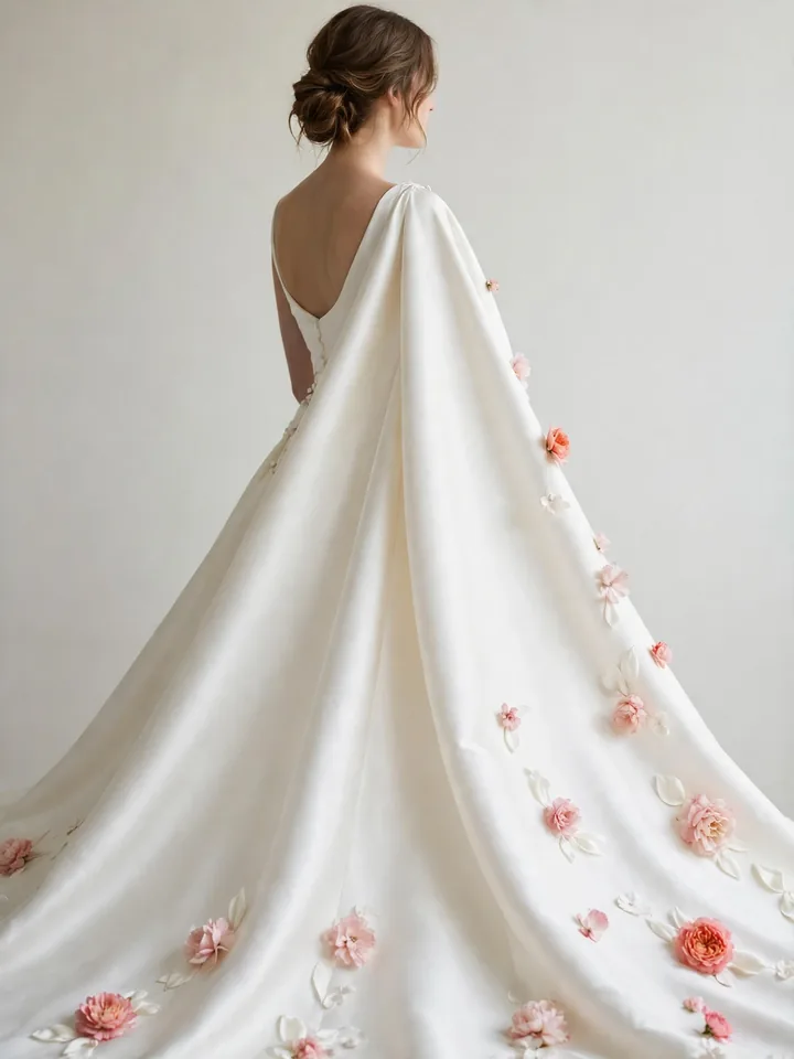 Floral wedding dress colored with cascading appliqué flowers along the train