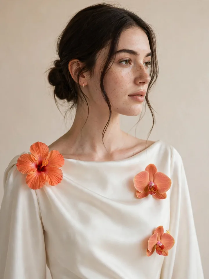 Tropical floral wedding dress colored with orchids and hibiscus blooms