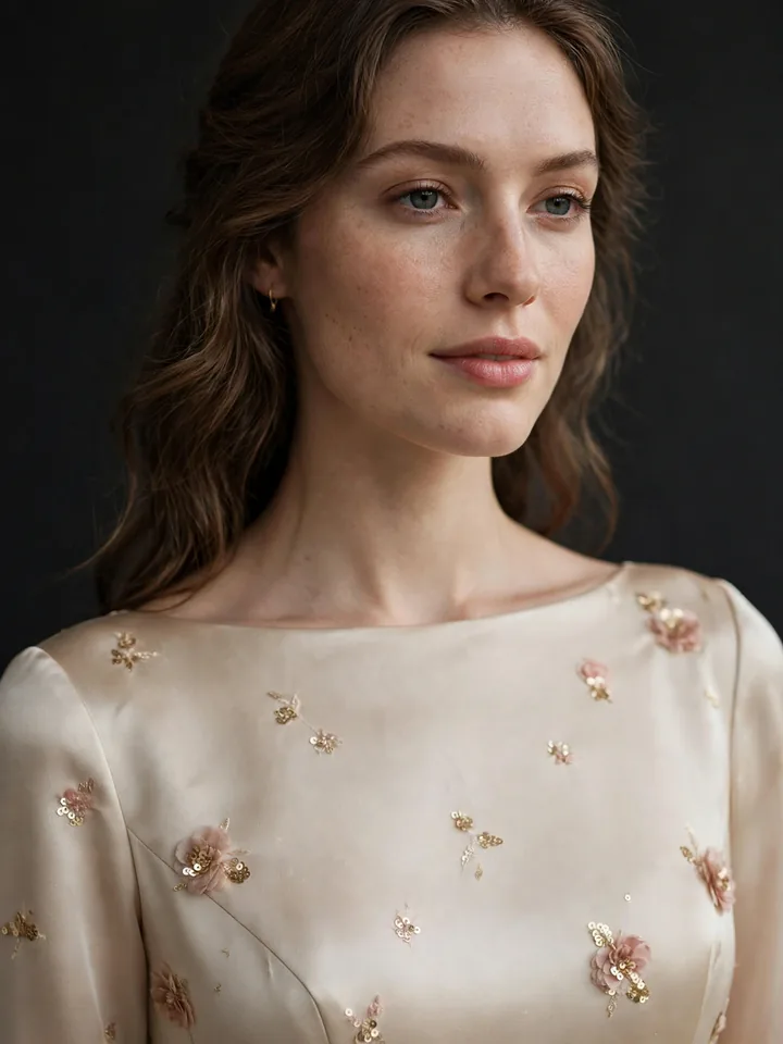Floral wedding dress colored with gold and rose floral sequin embroidery